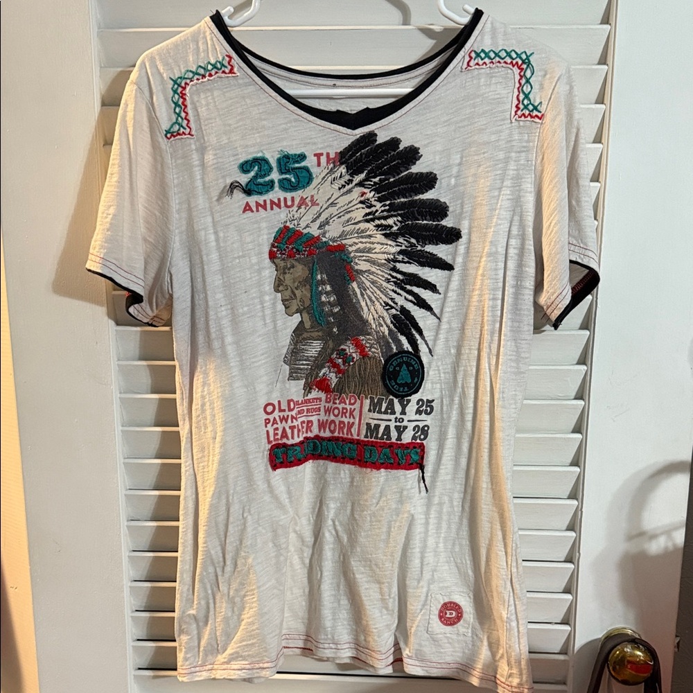 Double D Ranch White Graphic Tee with Black and Red Accents